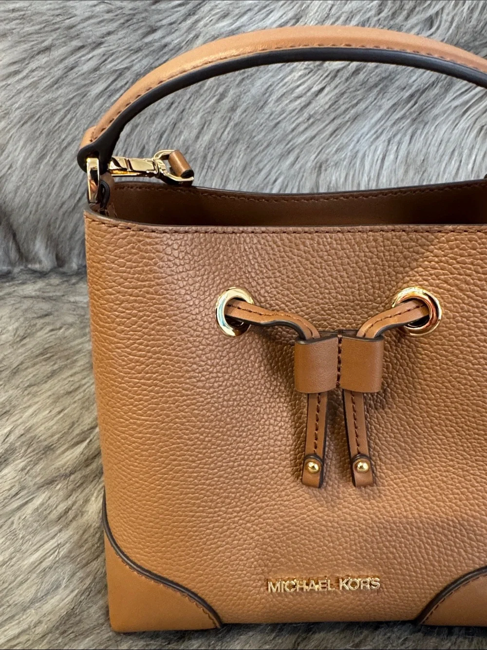 Michael Kors Cognac Pebbled Leather Mini Drawstring Bucket/Crossbody Bag